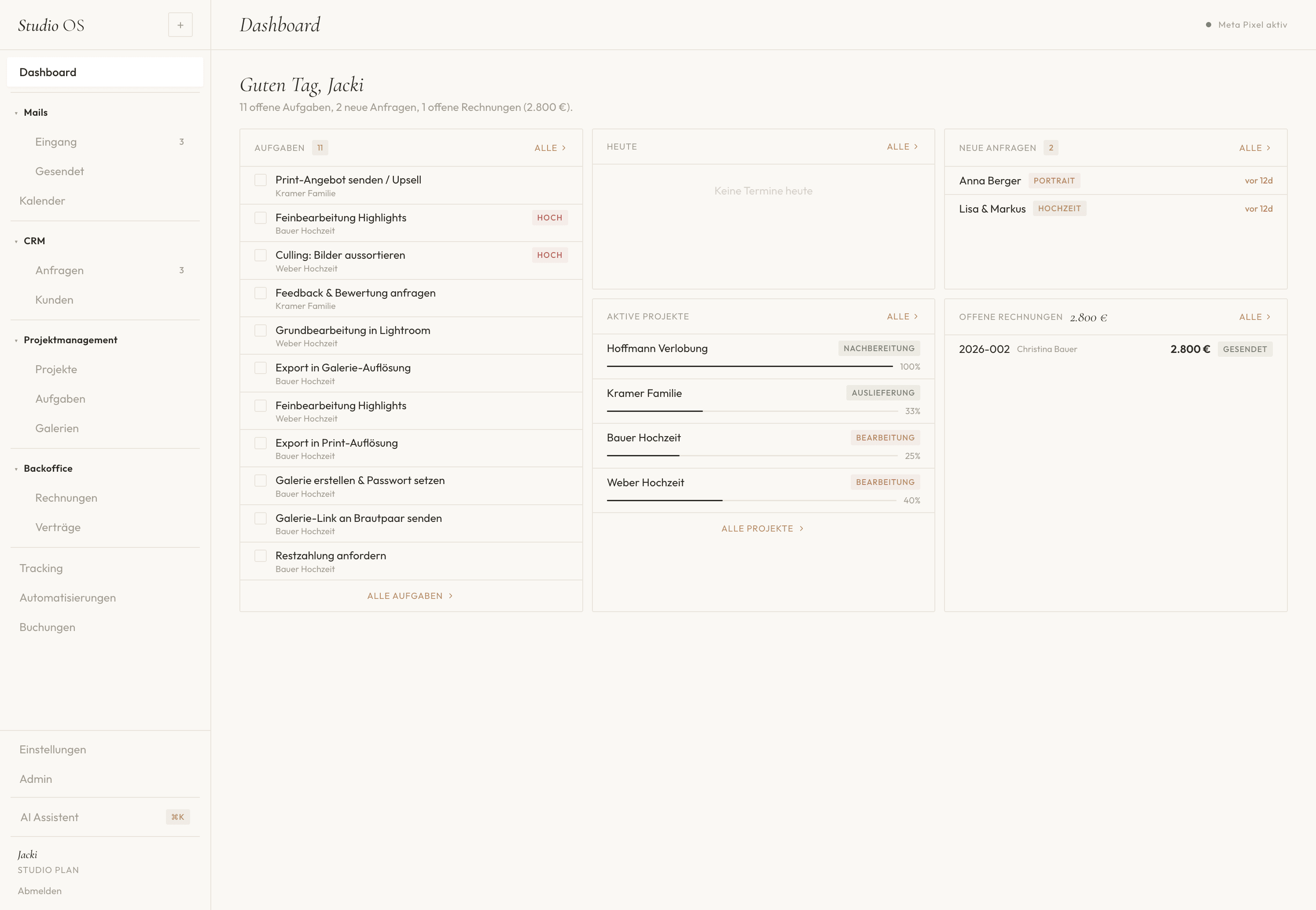 Aamoros Dashboard — Aufgaben, Projekte und Rechnungen auf einen Blick